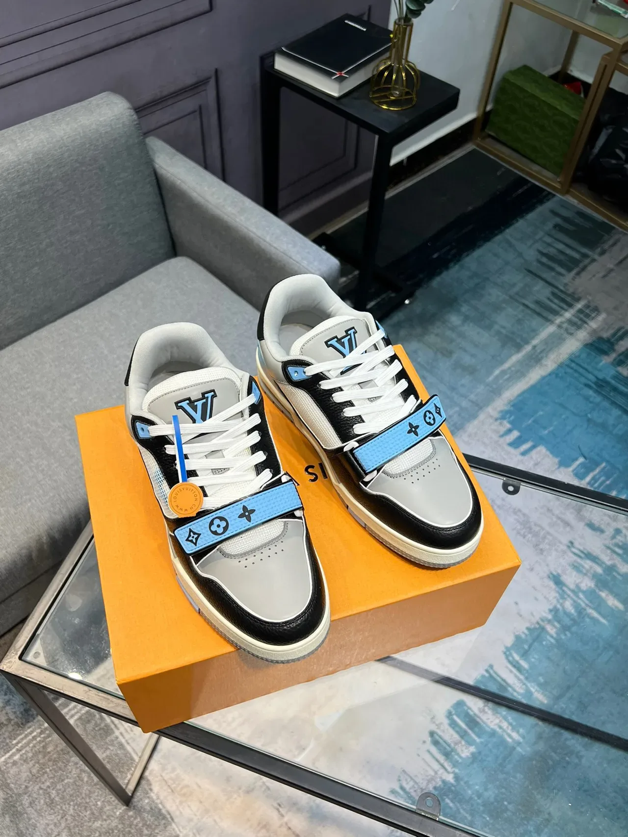 Louis Vuitton LV Trainer Black Blue Mixed-Material Upper Monogrammed Strap Lifestyle Sneakers 5
