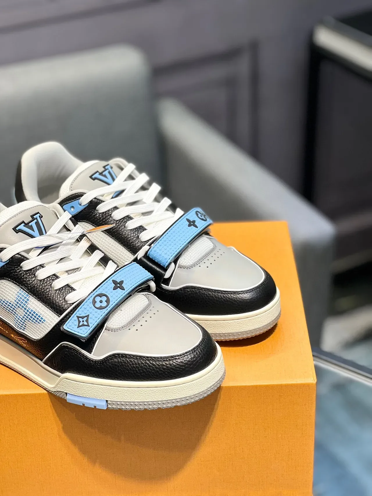 Louis Vuitton LV Trainer Black Blue Mixed-Material Upper Monogrammed Strap Lifestyle Sneakers 9