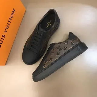 Louis Vuitton LV Trainer Negro Marrón Monogram Lona Cuero Superposiciones Sneakers Lifestyle