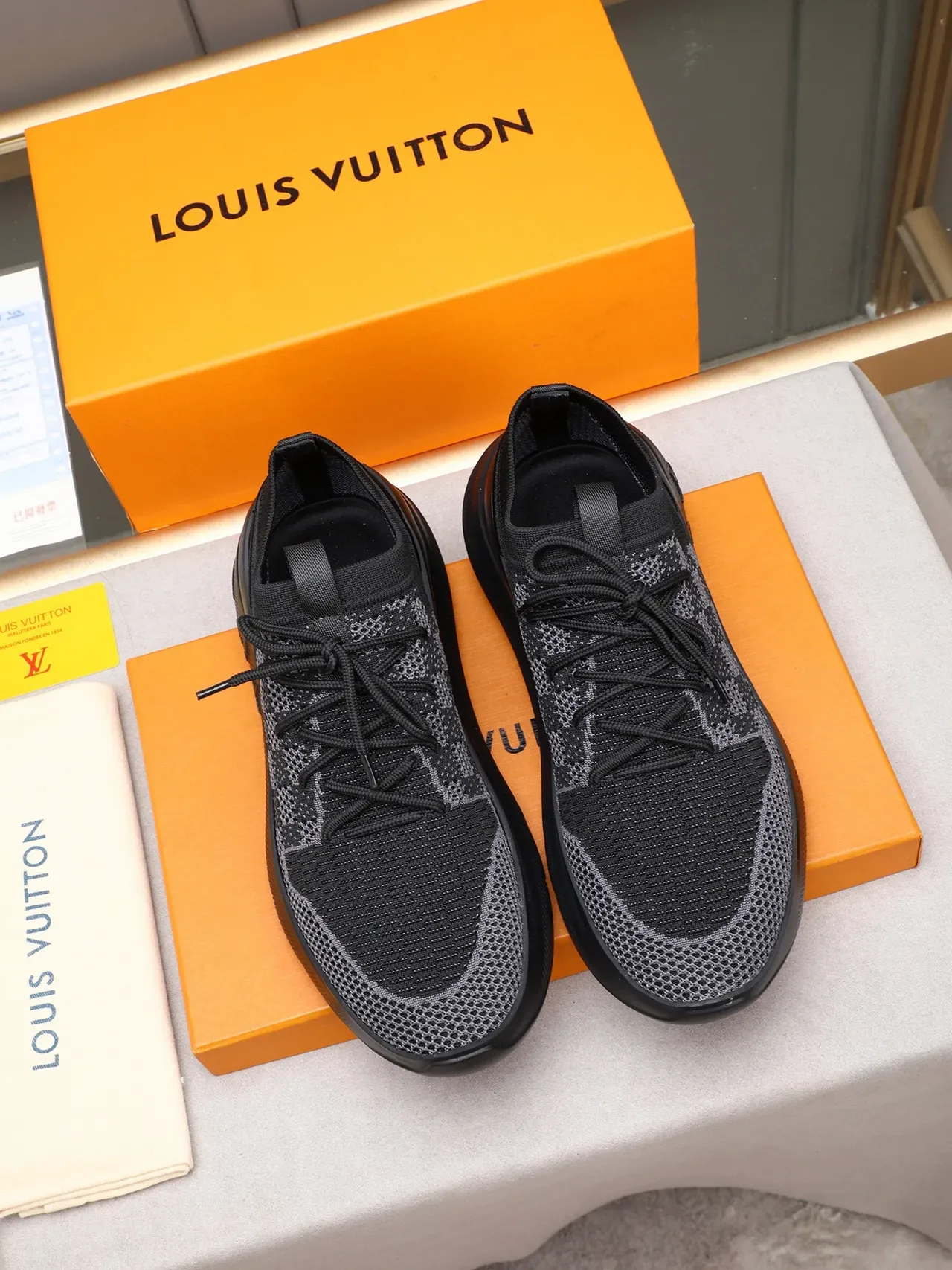 Louis Vuitton LV Trainer Black Gray Knit Upper Embossed Monogram Midsole Lifestyle Sneakers 3