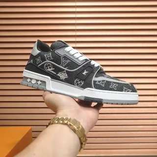 Louis Vuitton LV Trainer Black White Denim-Textured Upper Monogram-Embroidered Lifestyle Sneakers