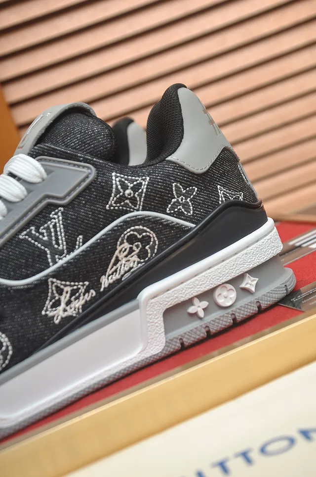 Louis Vuitton LV Trainer Black White Denim-Textured Upper Monogram-Embroidered Lifestyle Sneakers 2
