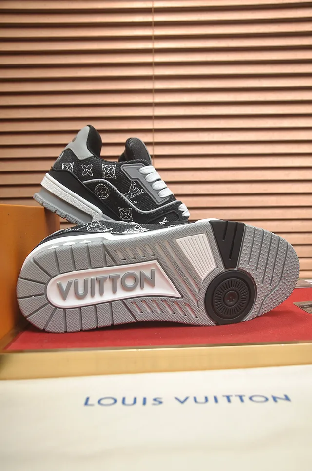 Louis Vuitton LV Trainer Black White Denim-Textured Upper Monogram-Embroidered Lifestyle Sneakers 3