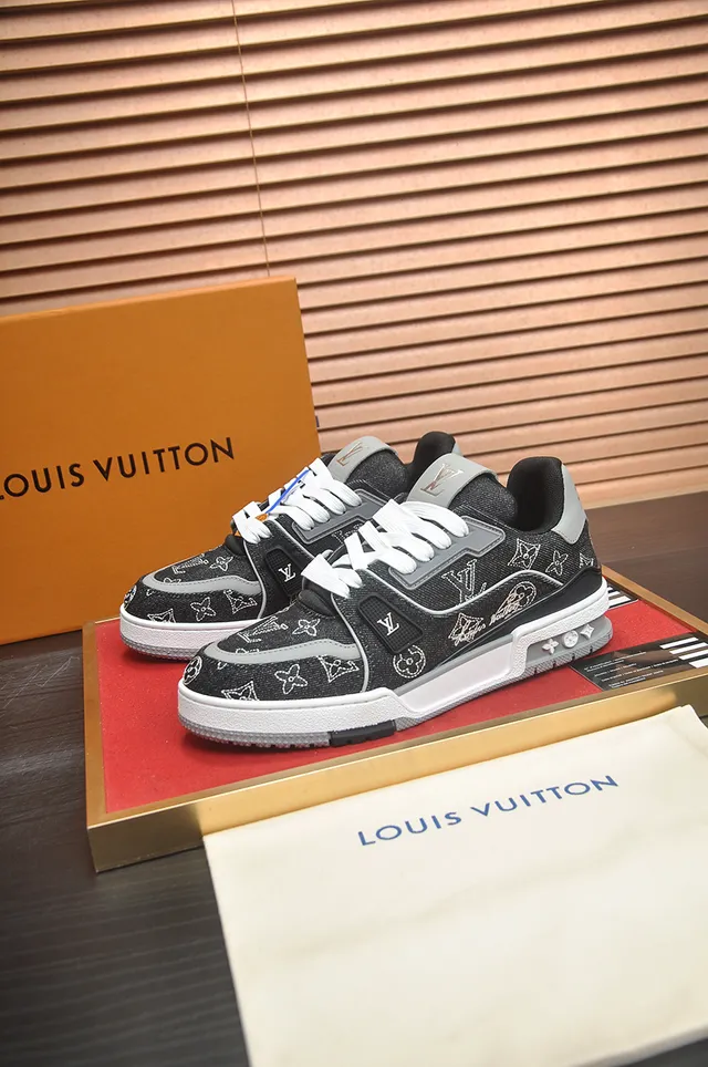 Louis Vuitton LV Trainer Black White Denim-Textured Upper Monogram-Embroidered Lifestyle Sneakers 4