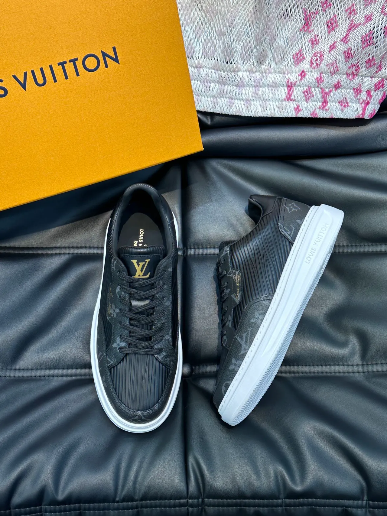 Louis Vuitton LV Trainer Black White Monogrammed Leather-Canvas Upper Ribbed Texture Detail Lifestyle Sneakers 4