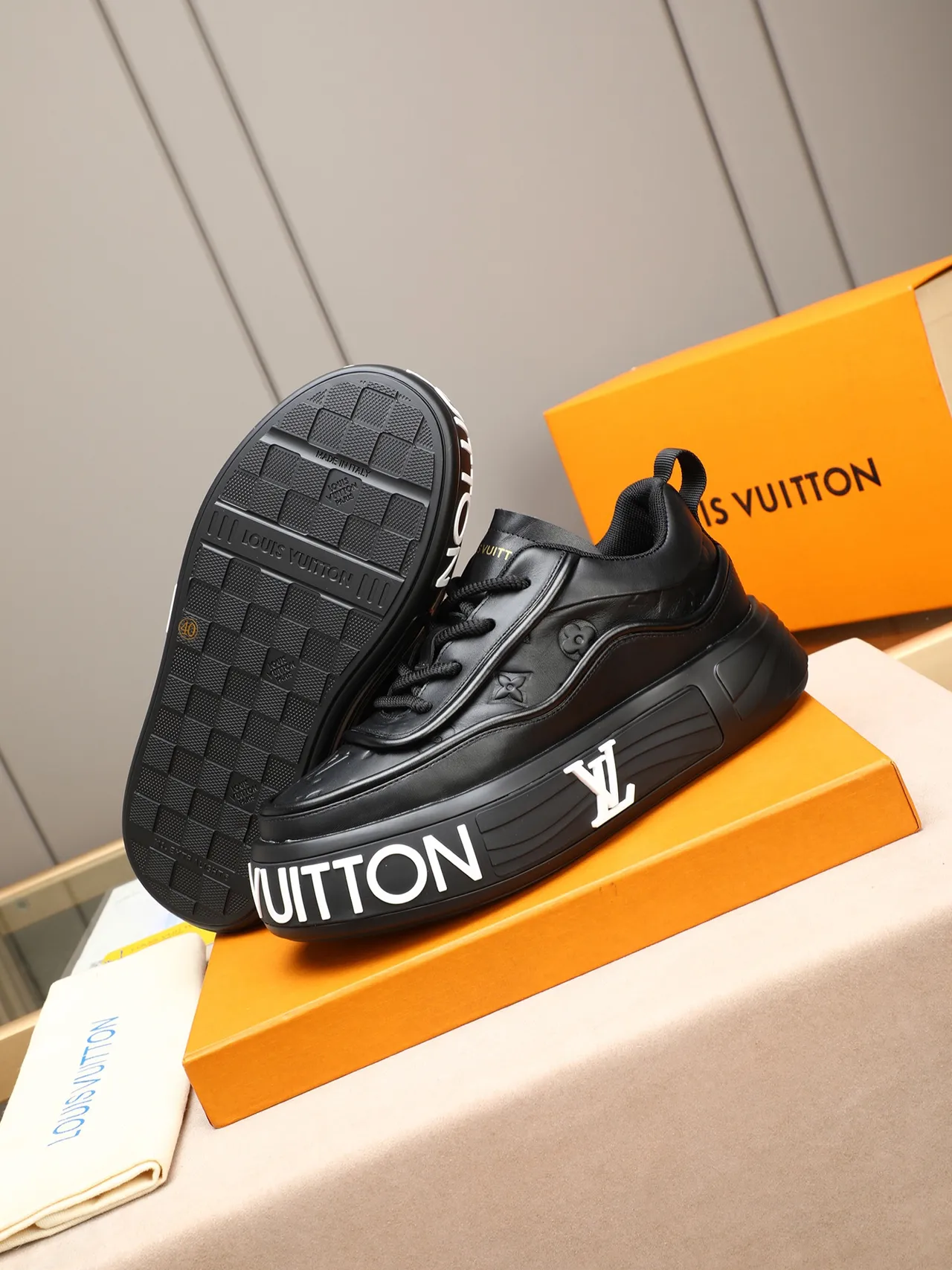 Louis Vuitton LV Trainer Black White Monogrammed Leather Oversized Platform Sole Lifestyle Sneakers 4