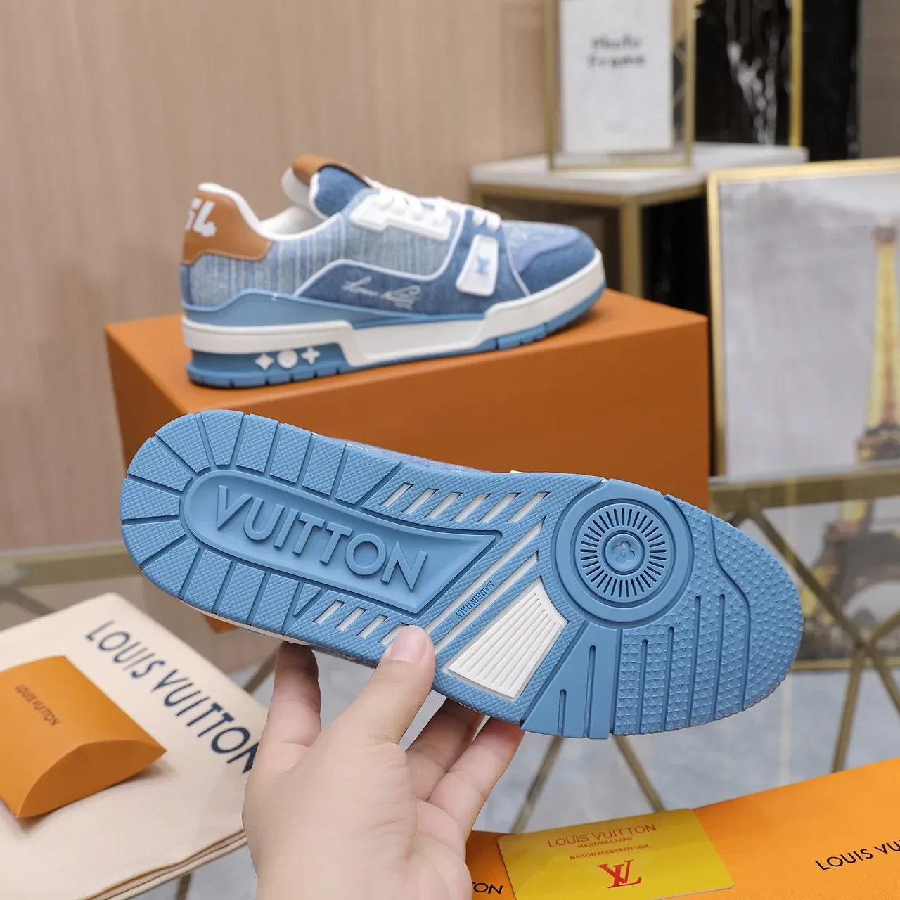 Louis Vuitton LV Trainer নীল বেইজ ডেনিম উপরের লেয়ার মিডসোল লাইফস্টাইল স্নিকার 4