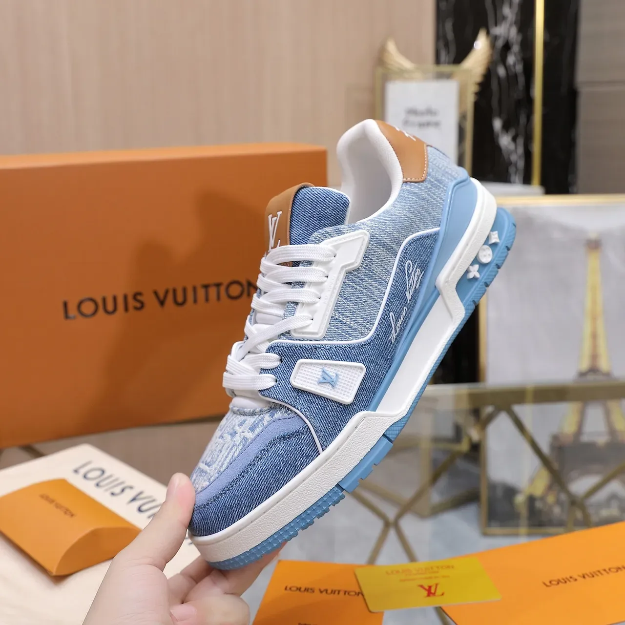 Louis Vuitton LV Trainer নীল বেইজ ডেনিম উপরের লেয়ার মিডসোল লাইফস্টাইল স্নিকার 5