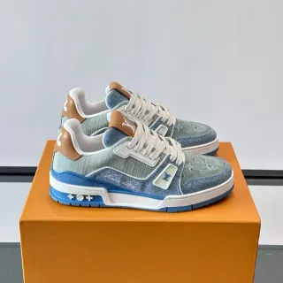 Louis Vuitton LV Trainer Blue Beige Denim Upper Monogram Print Lifestyle Sneakers