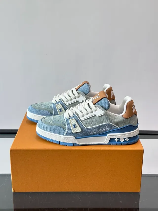Louis Vuitton LV Trainer Chaussures Lifestyle Bleu Beige Denim Haut Monogram Impression 5