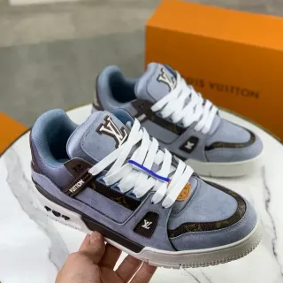 Louis Vuitton LV Trainer Blue Brown Suede And Monogram Canvas Dual Logos Lifestyle Sneakers