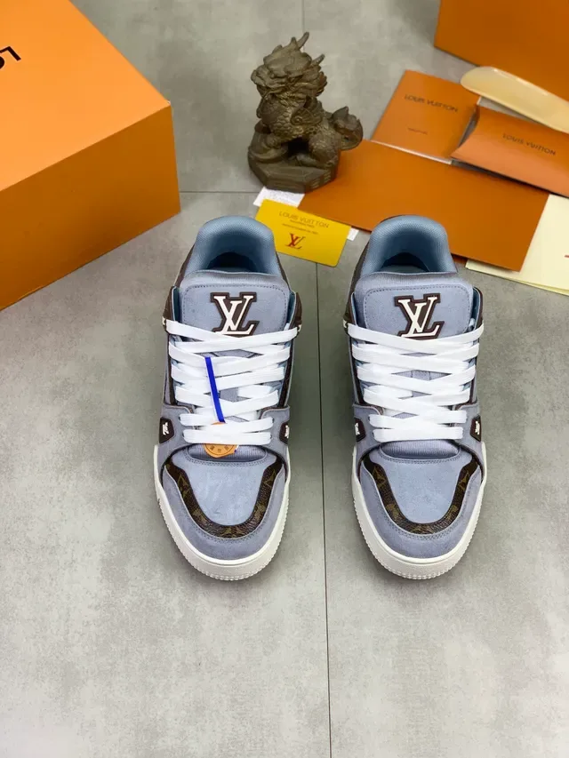 Louis Vuitton LV Sneakers Lifestyle Bleu Marron Suede et Monogram Canvas Dual Logos 4