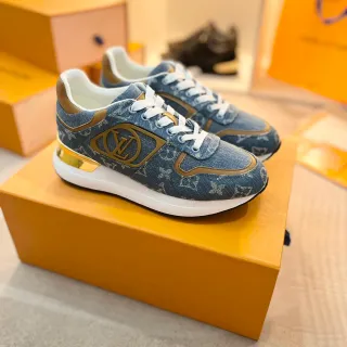 Louis Vuitton LV Trainer Blue Gold Monogram Denim Upper Logo Plaque Lifestyle Sneakers