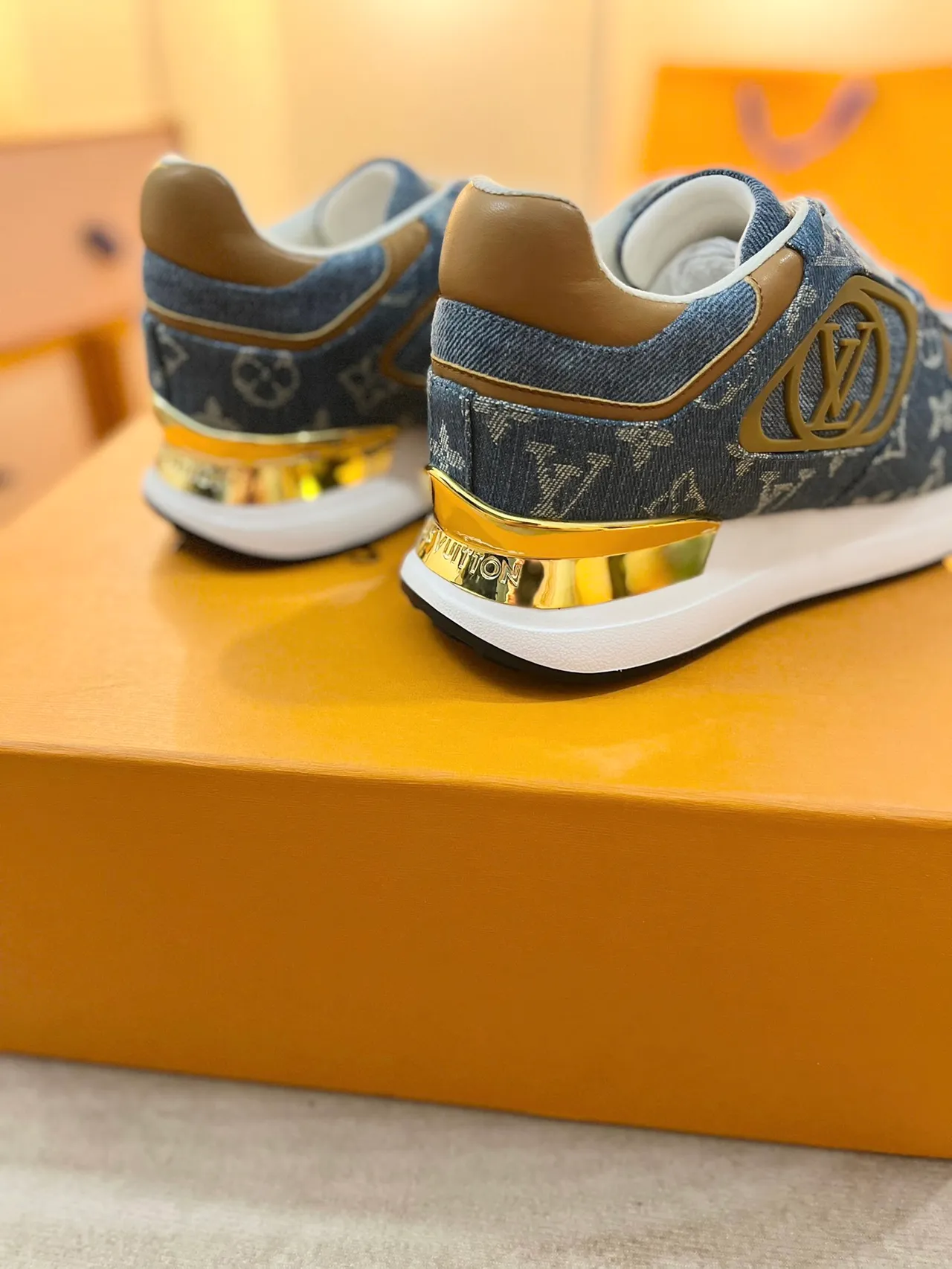 Louis Vuitton LV Trainer Blue Gold Monogram Denim Upper Logo Plaque Lifestyle Sneakers 2