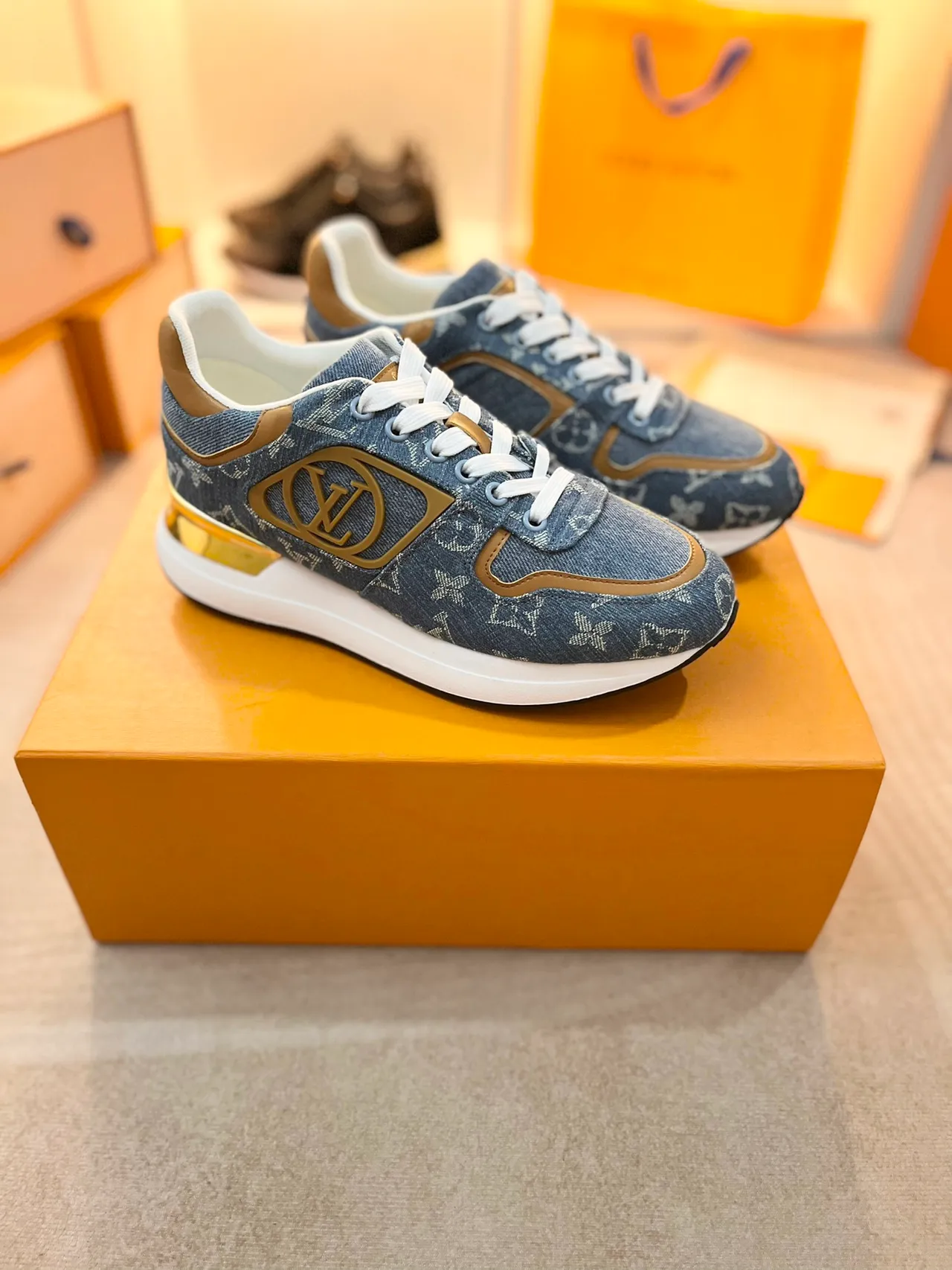 Louis Vuitton LV Trainer Blue Gold Monogram Denim Upper Logo Plaque Lifestyle Sneakers 5