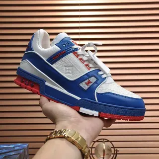 Louis Vuitton LV Trainer Blue Red Structured Color-Blocked Upper Embossed Monogram Panel Lifestyle Sneakers