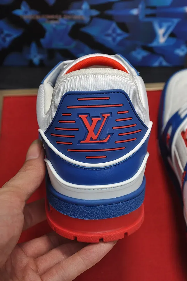 Louis Vuitton LV Trainer Blue Red Structured Color-Blocked Upper Embossed Monogram Panel Lifestyle Sneakers 2