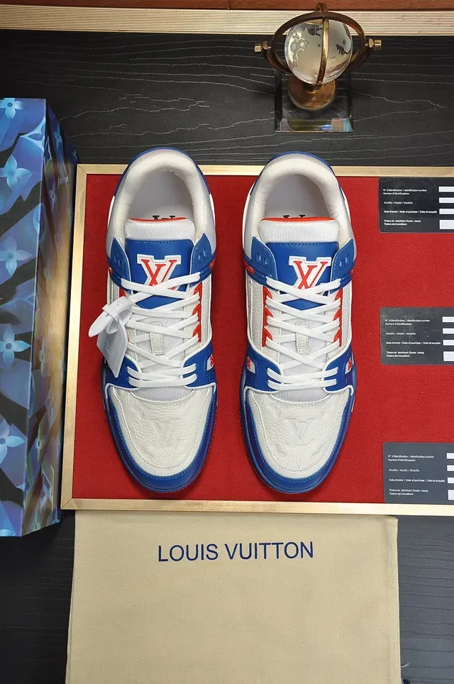 Louis Vuitton LV Trainer Blue Red Structured Color-Blocked Upper Embossed Monogram Panel Lifestyle Sneakers 9