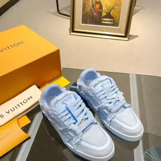 Louis Vuitton LV Trainer Blue White Frayed-Edge Textile Monogrammed Upper Lifestyle Sneakers