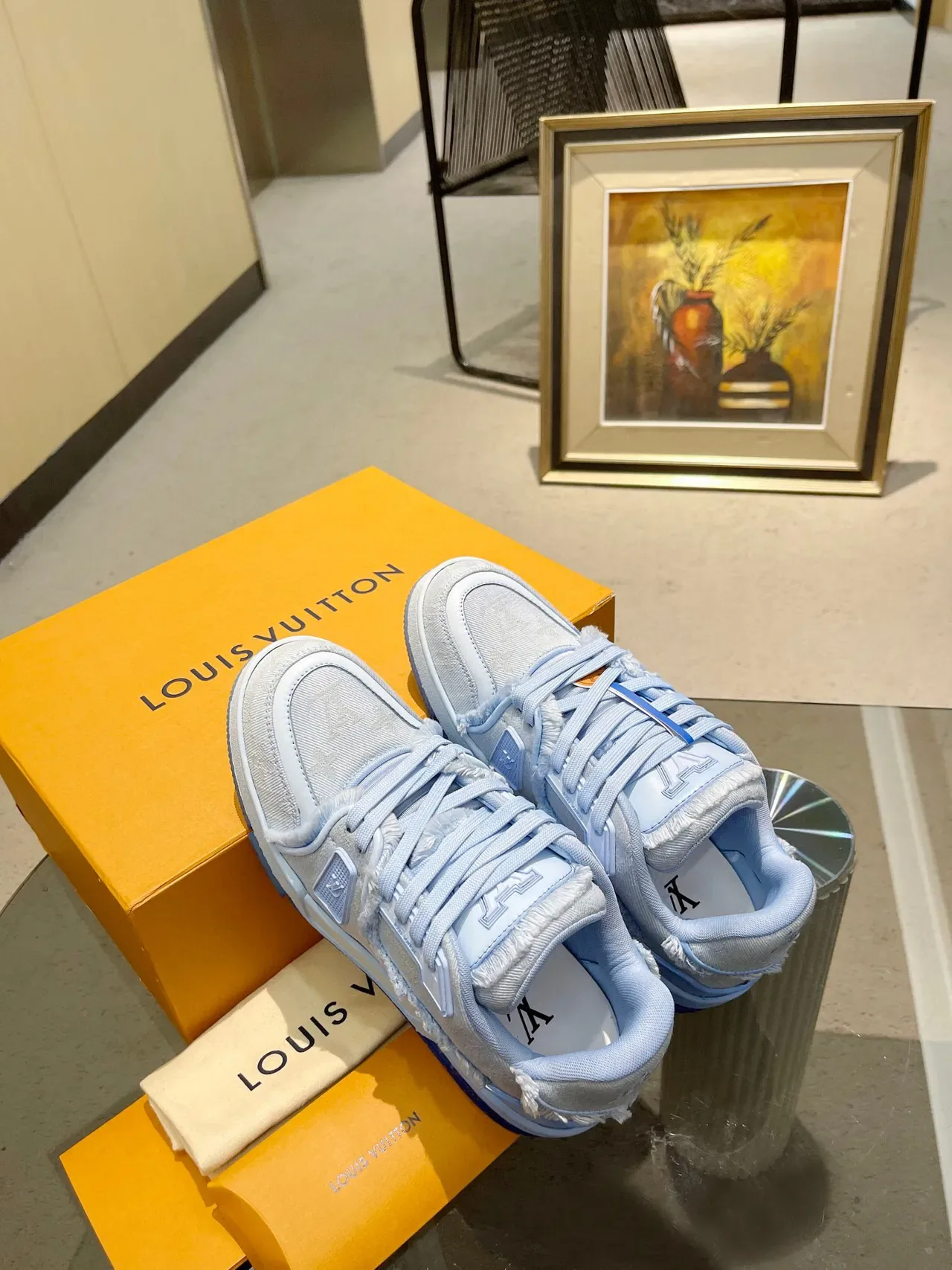 Louis Vuitton LV Trainer নীল সাদা ফ্রেড এজ টেক্সটাইল মনোগ্রাম আপার লাইফস্টাইল স্নিকার্স 6