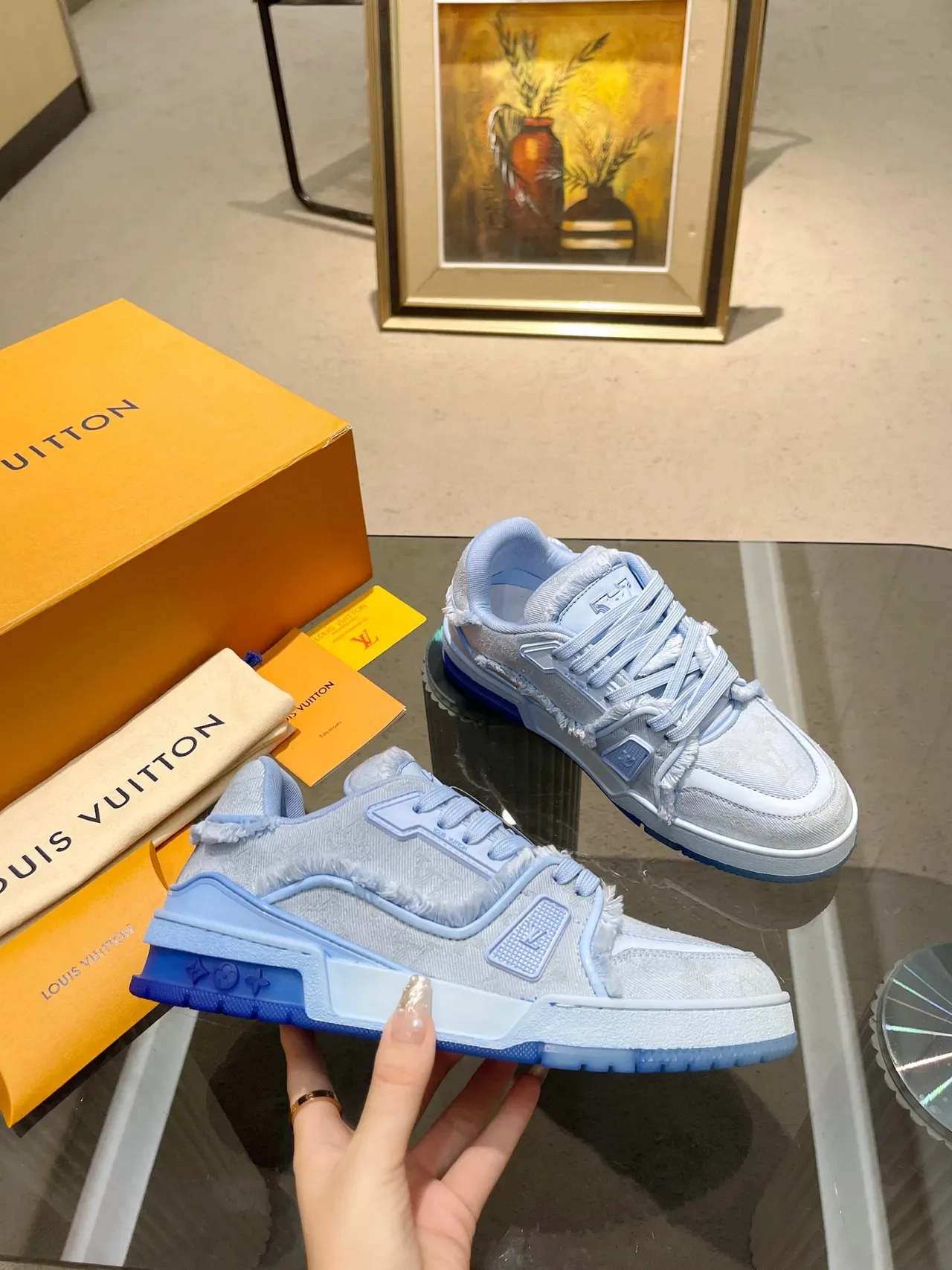 Louis Vuitton LV Trainer নীল সাদা ফ্রেড এজ টেক্সটাইল মনোগ্রাম আপার লাইফস্টাইল স্নিকার্স 8