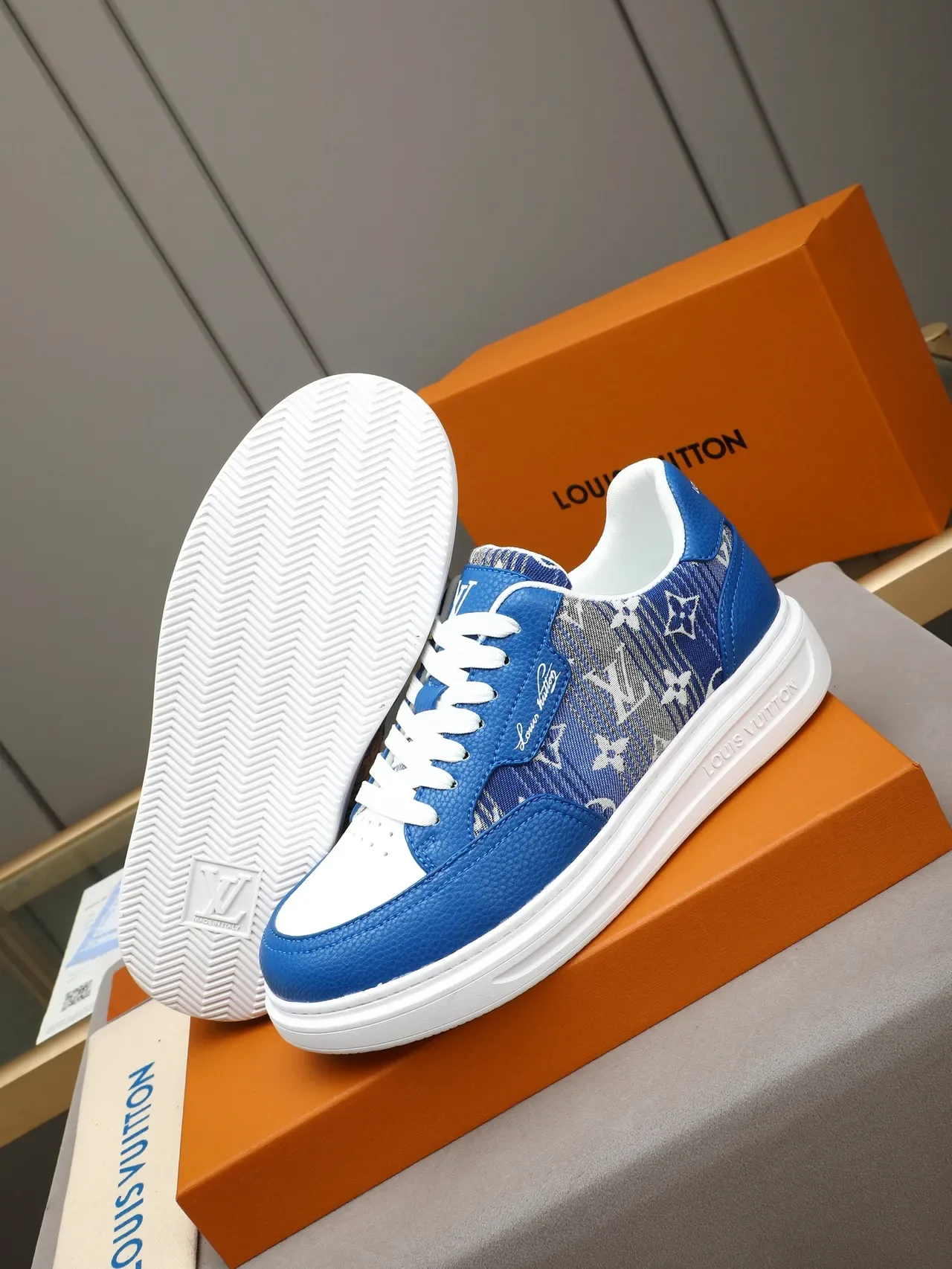 Louis Vuitton LV Trainer Blue White Low-Top Monogrammed Textile Lifestyle Sneakers 4