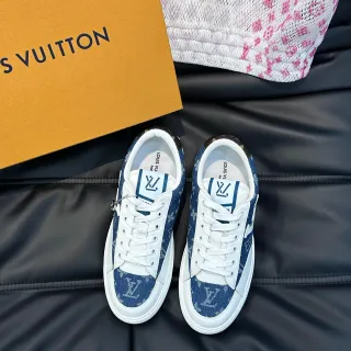 Louis Vuitton LV Trainer Blue White Monogram Denim Upper Leather Overlays Lifestyle Sneakers