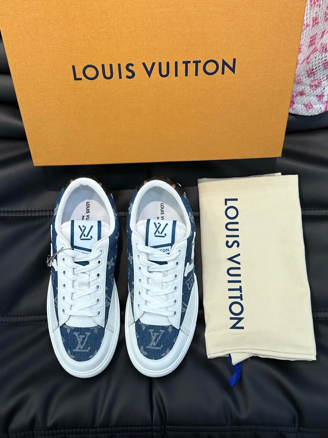 لوي فيتون LV Trainer أحذية حياة أزرق أبيض مونوغرام دنيم علوية طبقات جلد 3
