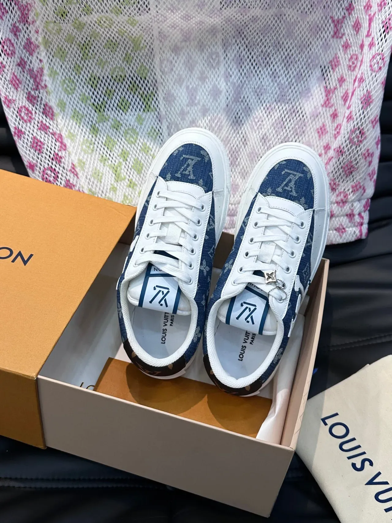 لوي فيتون LV Trainer أحذية حياة أزرق أبيض مونوغرام دنيم علوية طبقات جلد 4