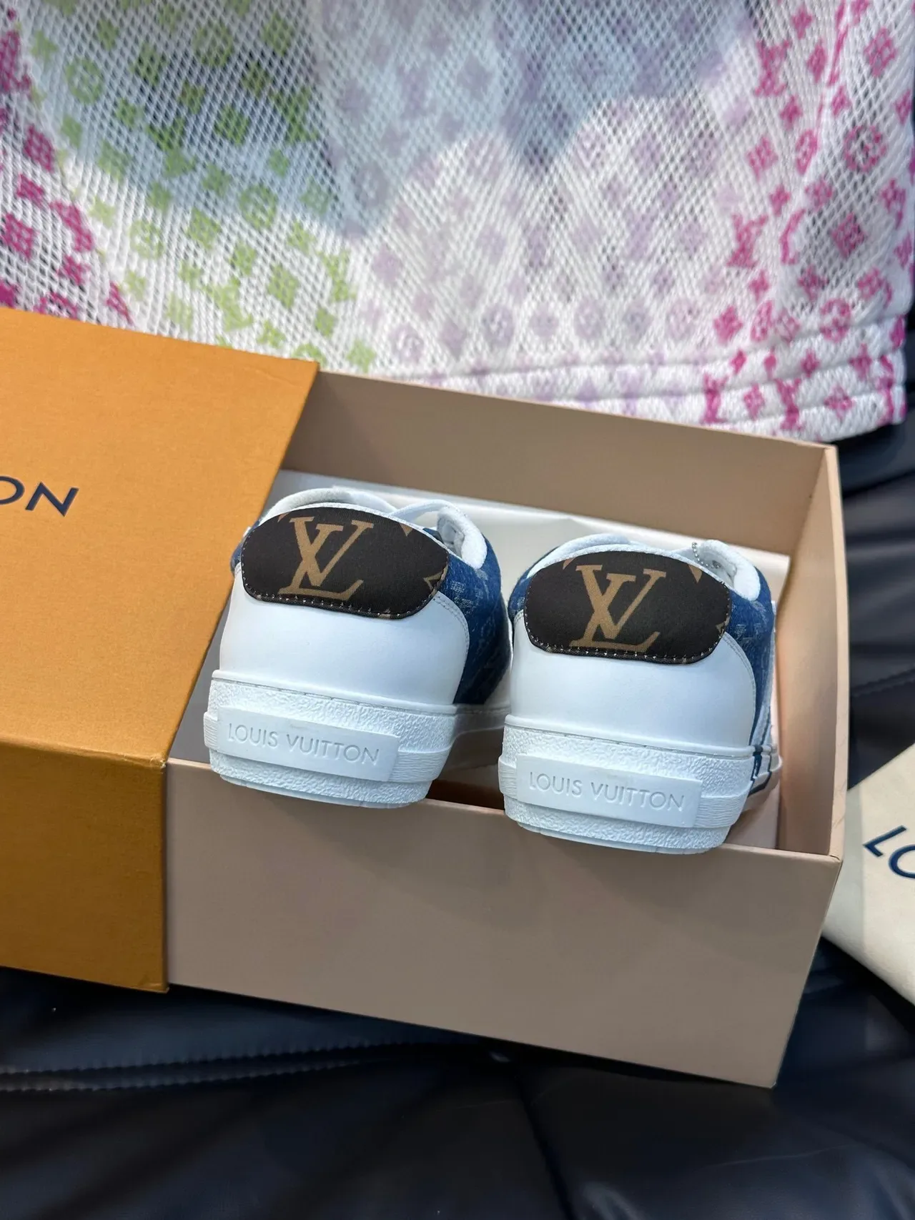 لوي فيتون LV Trainer أحذية حياة أزرق أبيض مونوغرام دنيم علوية طبقات جلد 5