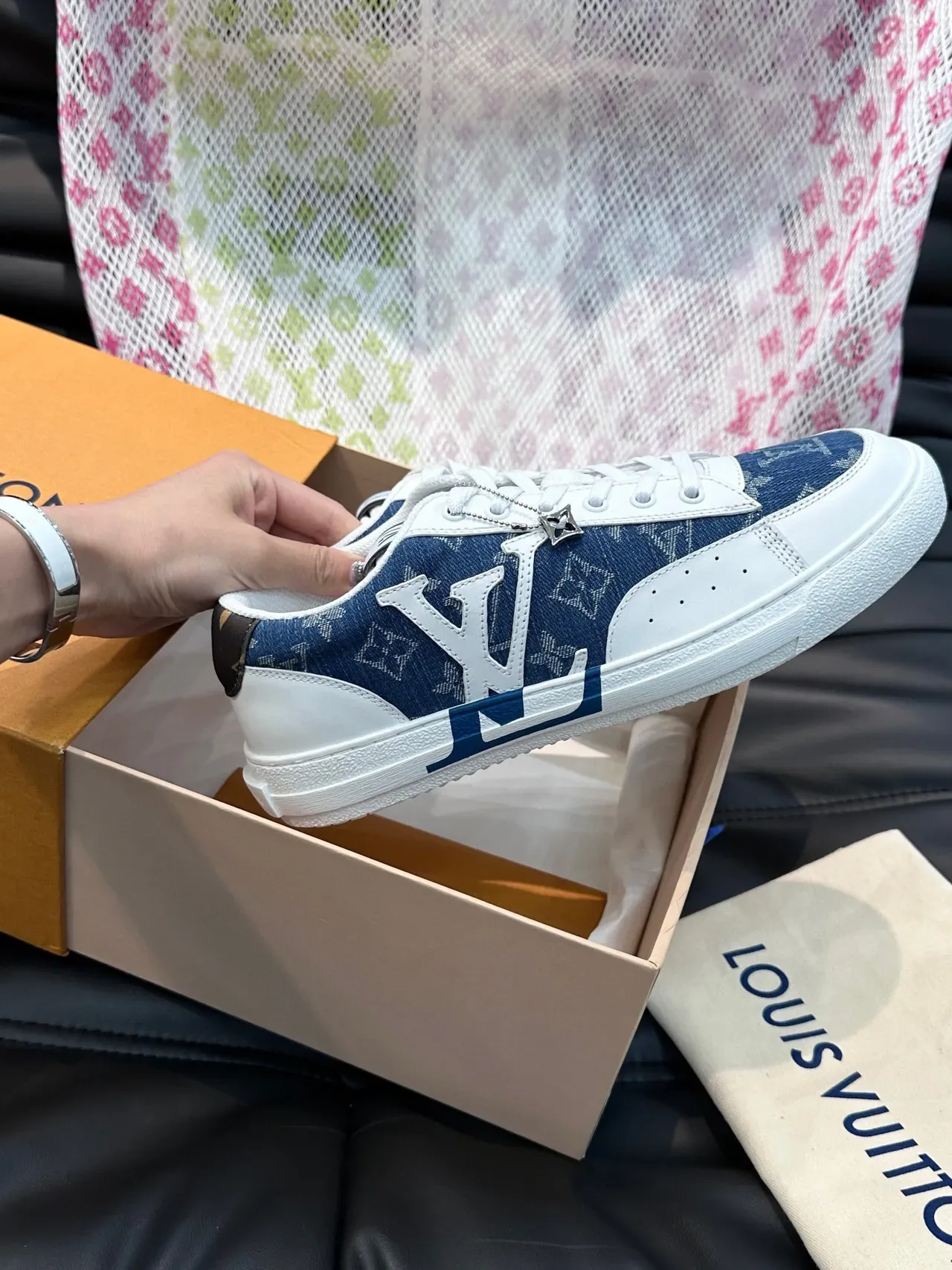 لوي فيتون LV Trainer أحذية حياة أزرق أبيض مونوغرام دنيم علوية طبقات جلد 6