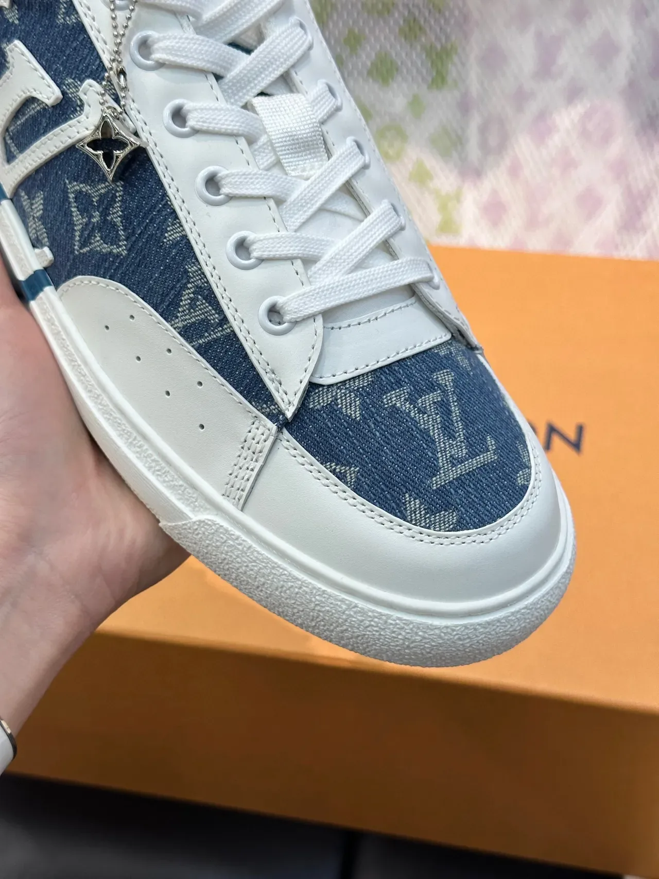 لوي فيتون LV Trainer أحذية حياة أزرق أبيض مونوغرام دنيم علوية طبقات جلد 7