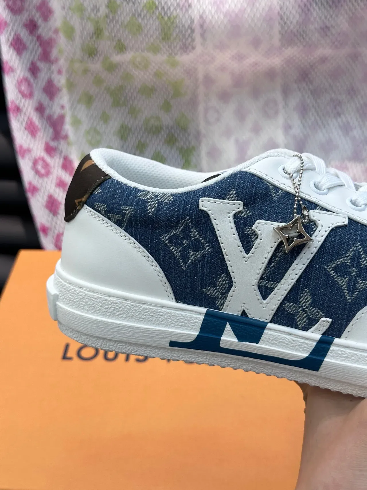 لوي فيتون LV Trainer أحذية حياة أزرق أبيض مونوغرام دنيم علوية طبقات جلد 9