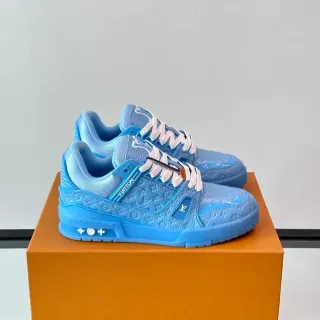 Louis Vuitton LV Trainer Blue White Monogram-Embossed Leather Translucent Midsole Lifestyle Sneakers