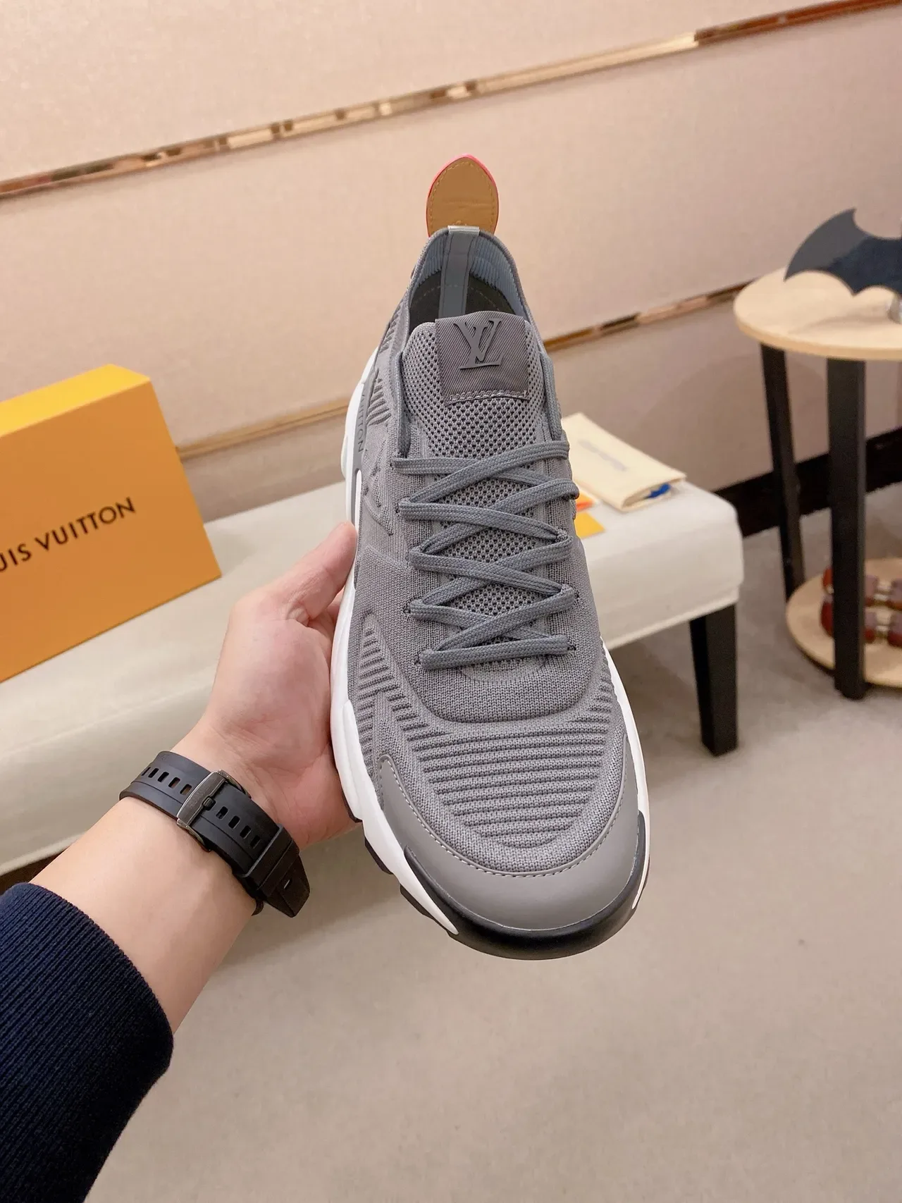Louis Vuitton LV Trainer Gray White Knit Upper Embossed Monogram Lifestyle Sneakers 2
