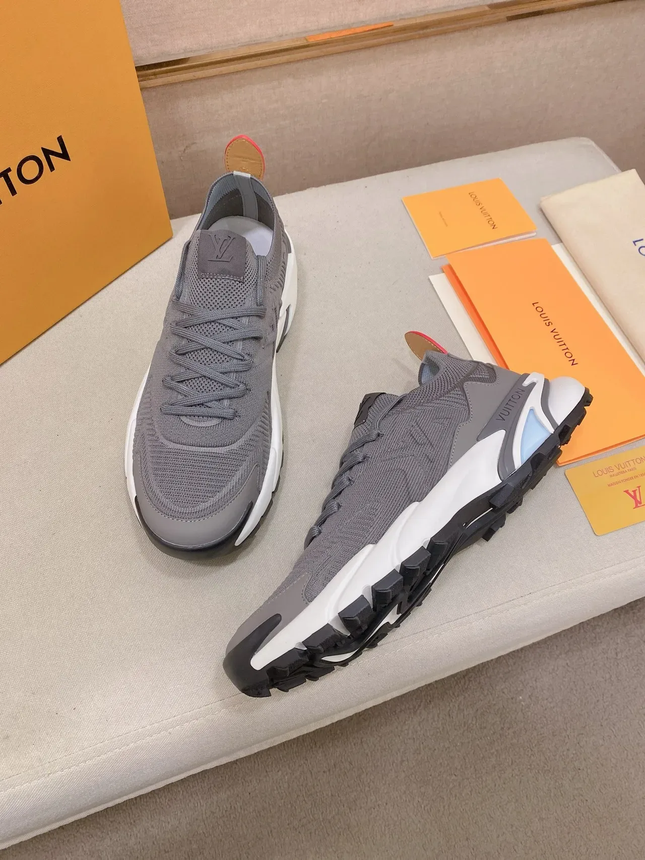 Louis Vuitton LV Trainer Gray White Knit Upper Embossed Monogram Lifestyle Sneakers 7