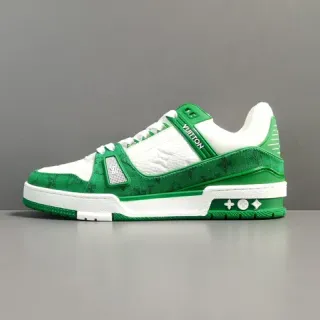 Louis Vuitton LV Trainer Verde Branco Sobreposições com Monograma Painéis de Couro Tênis lifestyle