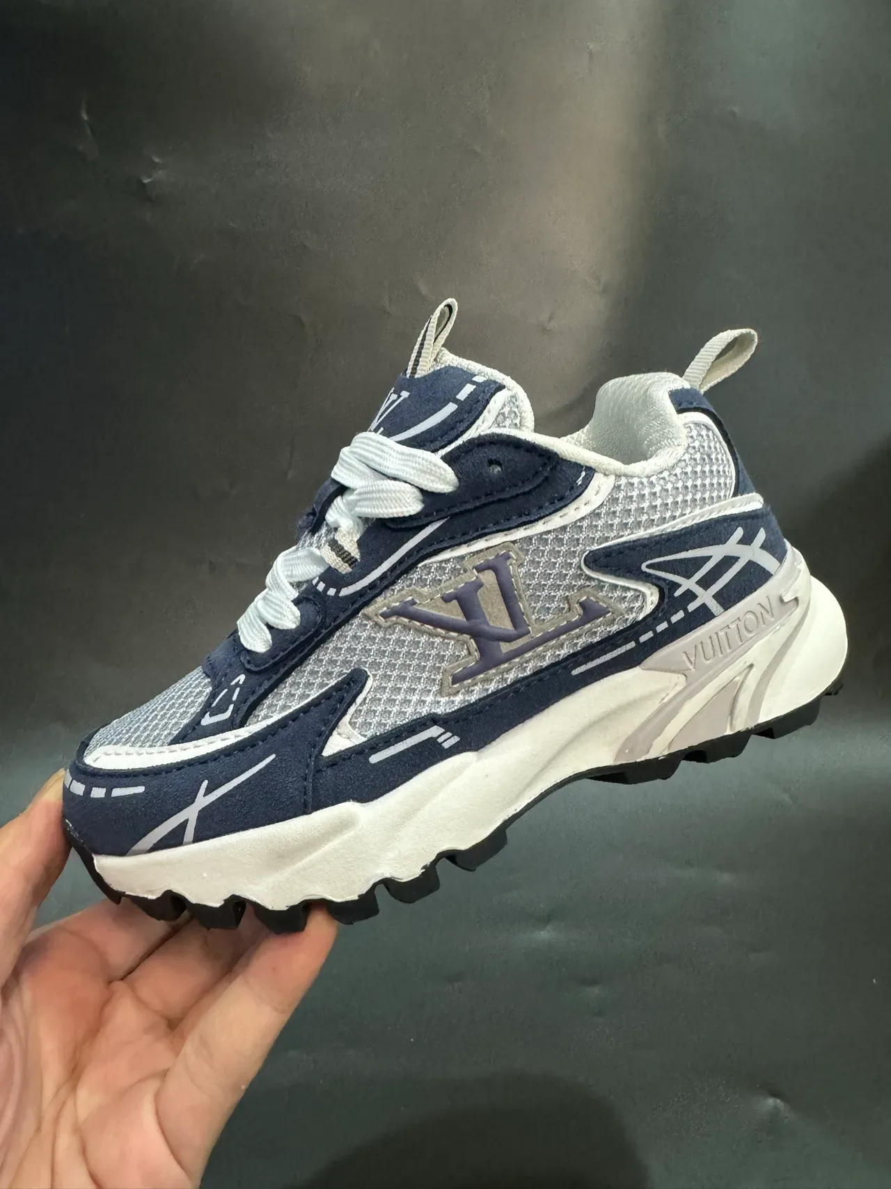 Louis Vuitton LV Trainer Navy Gray Sole Layered Mesh And Synthetic Upper Chunky Sneakers 3