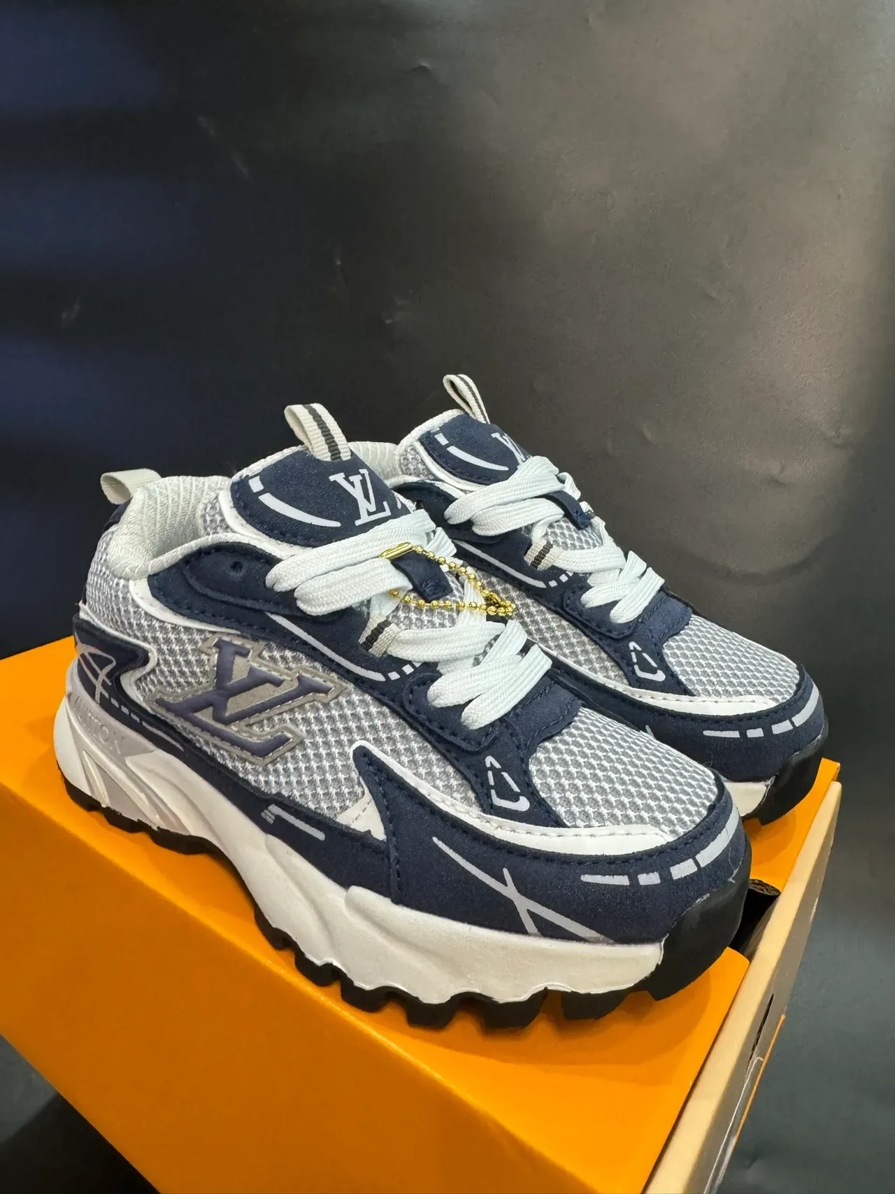 Louis Vuitton LV Trainer Navy Gray Sole Layered Mesh And Synthetic Upper Chunky Sneakers 4