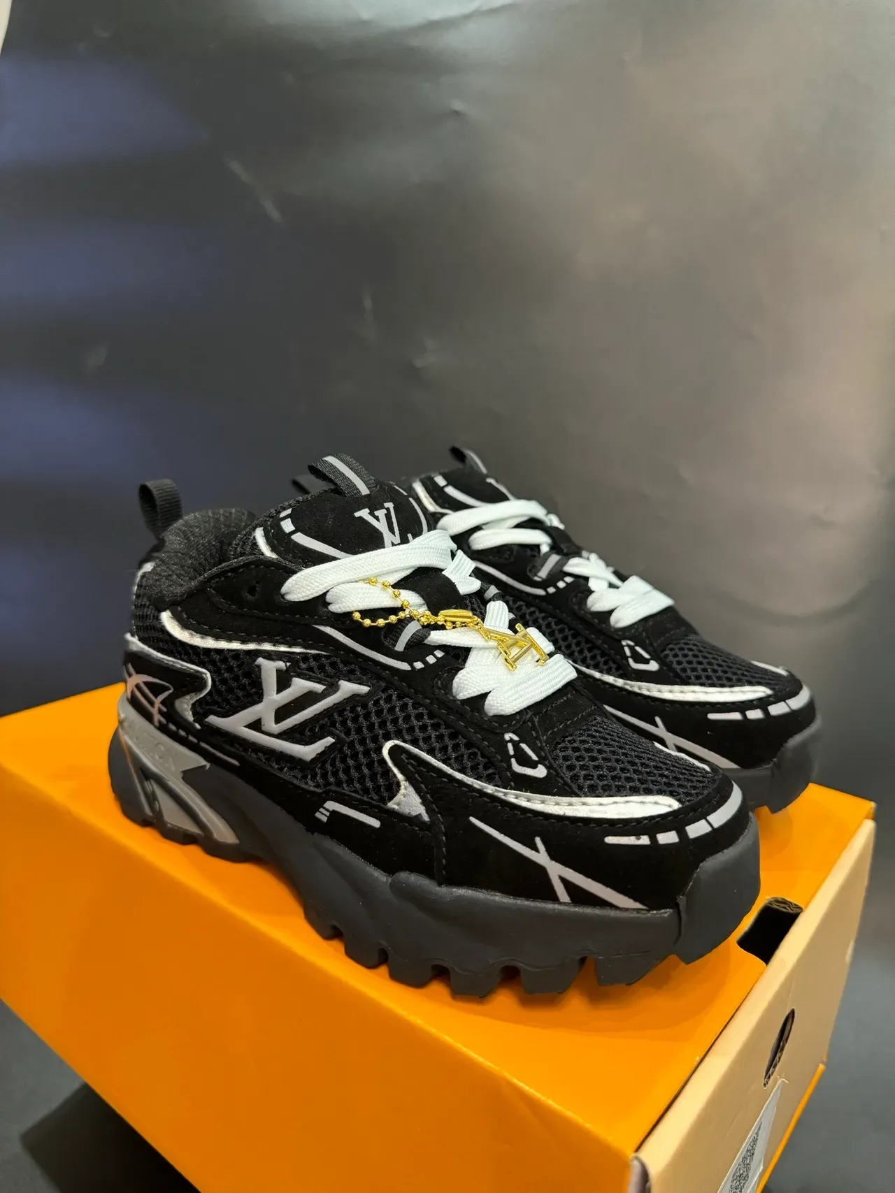 Louis Vuitton LV Trainer Navy Gray Sole Layered Mesh And Synthetic Upper Chunky Sneakers 6