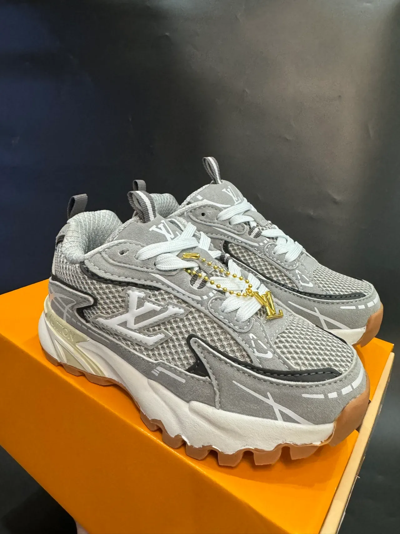 Louis Vuitton LV Trainer Navy Gray Sole Layered Mesh And Synthetic Upper Chunky Sneakers 8