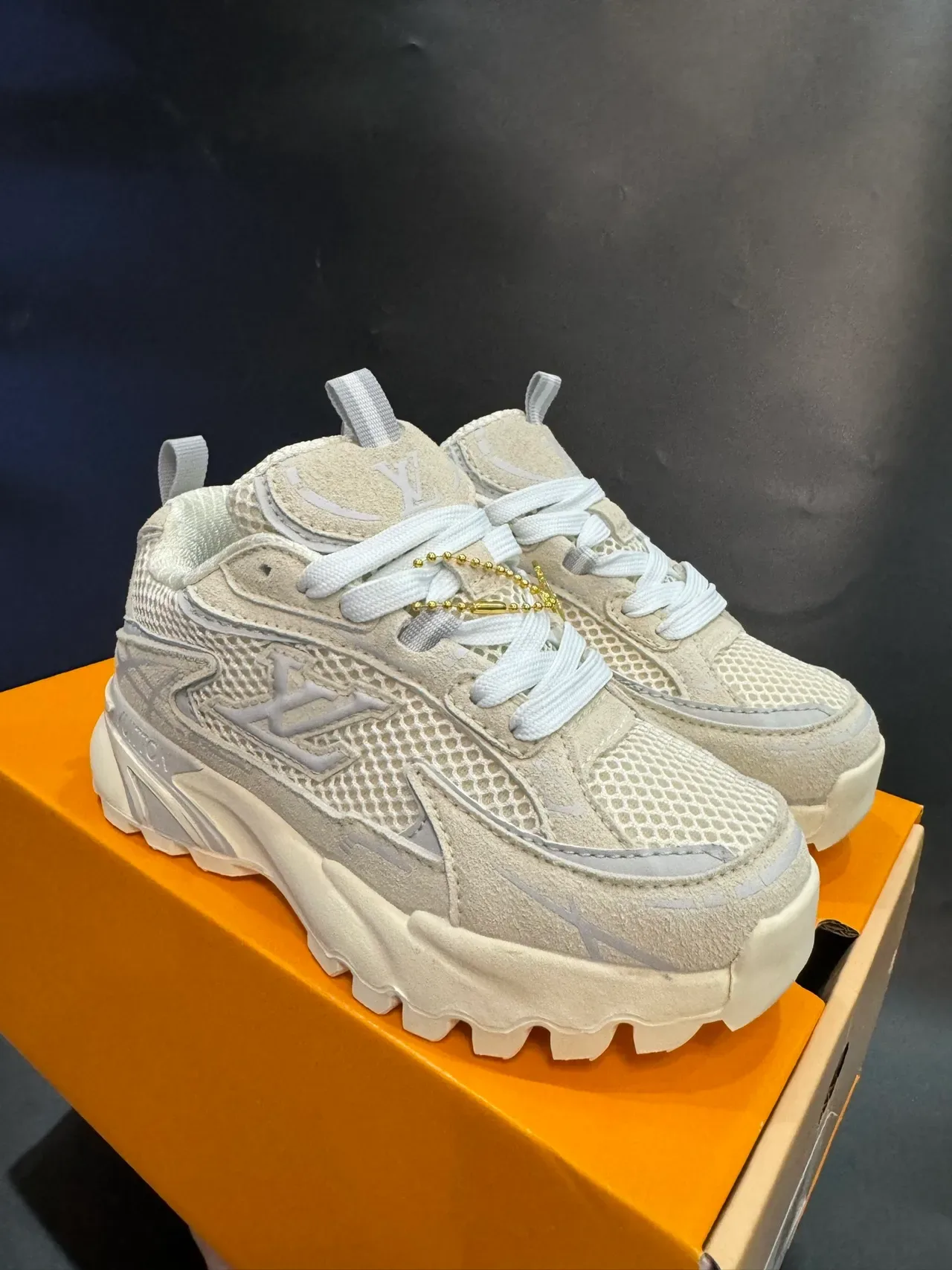 Louis Vuitton LV Trainer Navy Gray Sole Layered Mesh And Synthetic Upper Chunky Sneakers 10