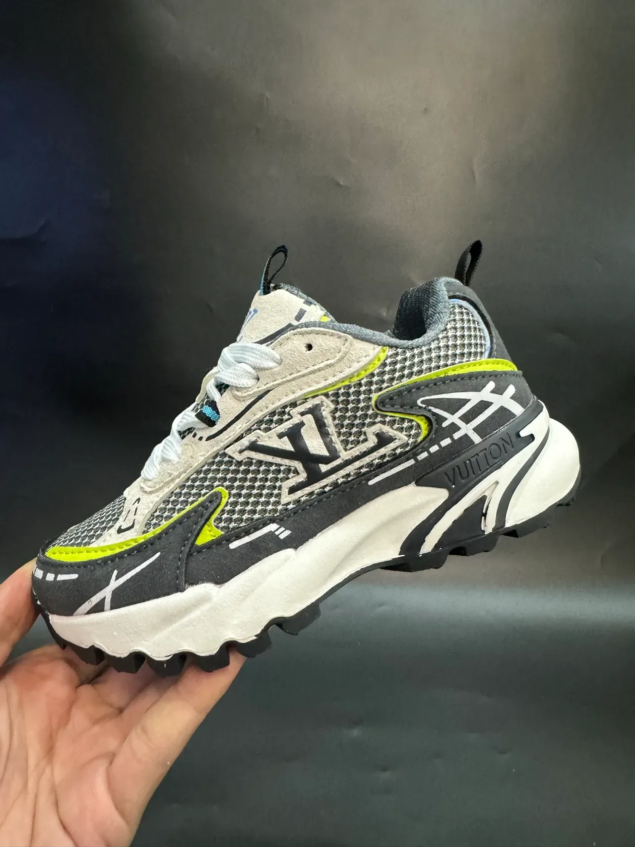 Louis Vuitton LV Trainer Navy Gray Sole Layered Mesh And Synthetic Upper Chunky Sneakers 11