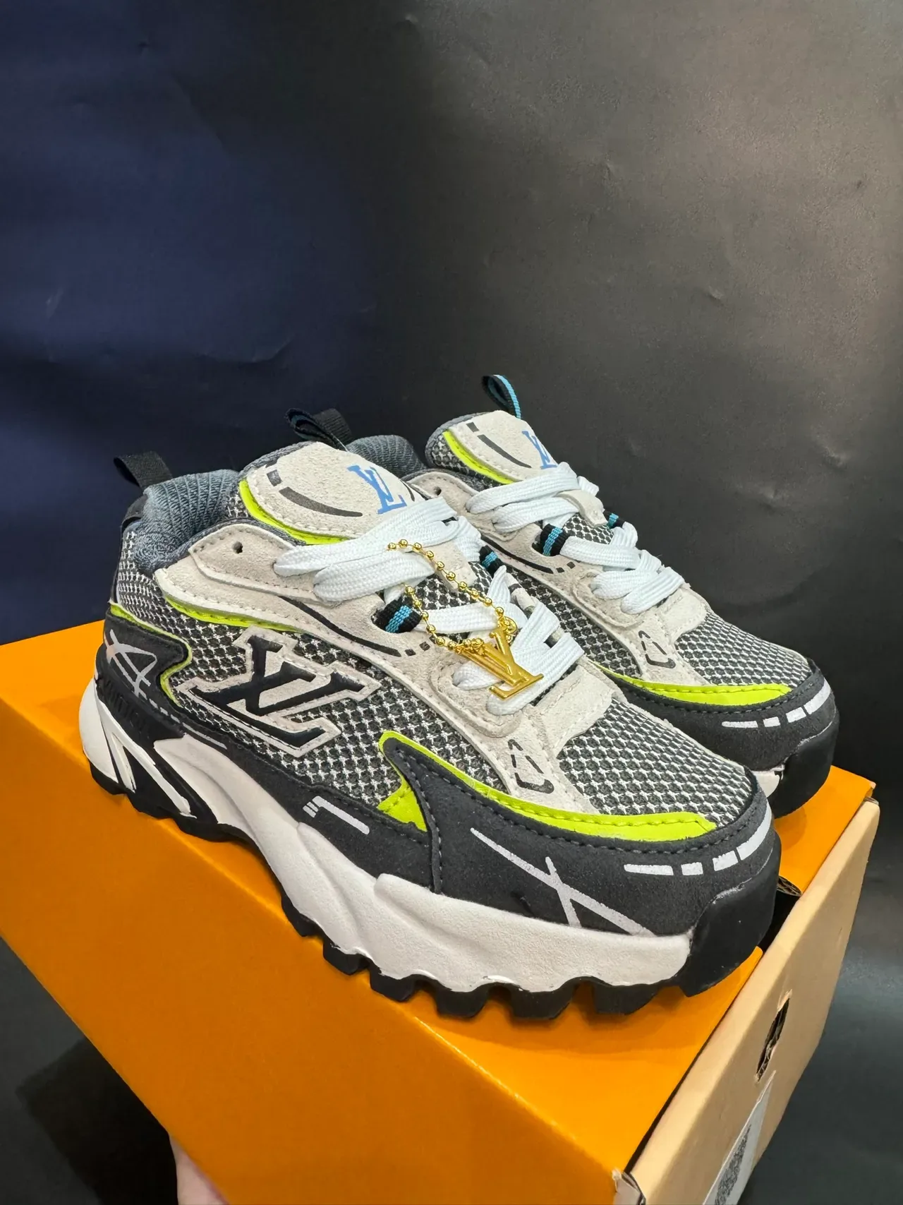 Louis Vuitton LV Trainer Navy Gray Sole Layered Mesh And Synthetic Upper Chunky Sneakers 12