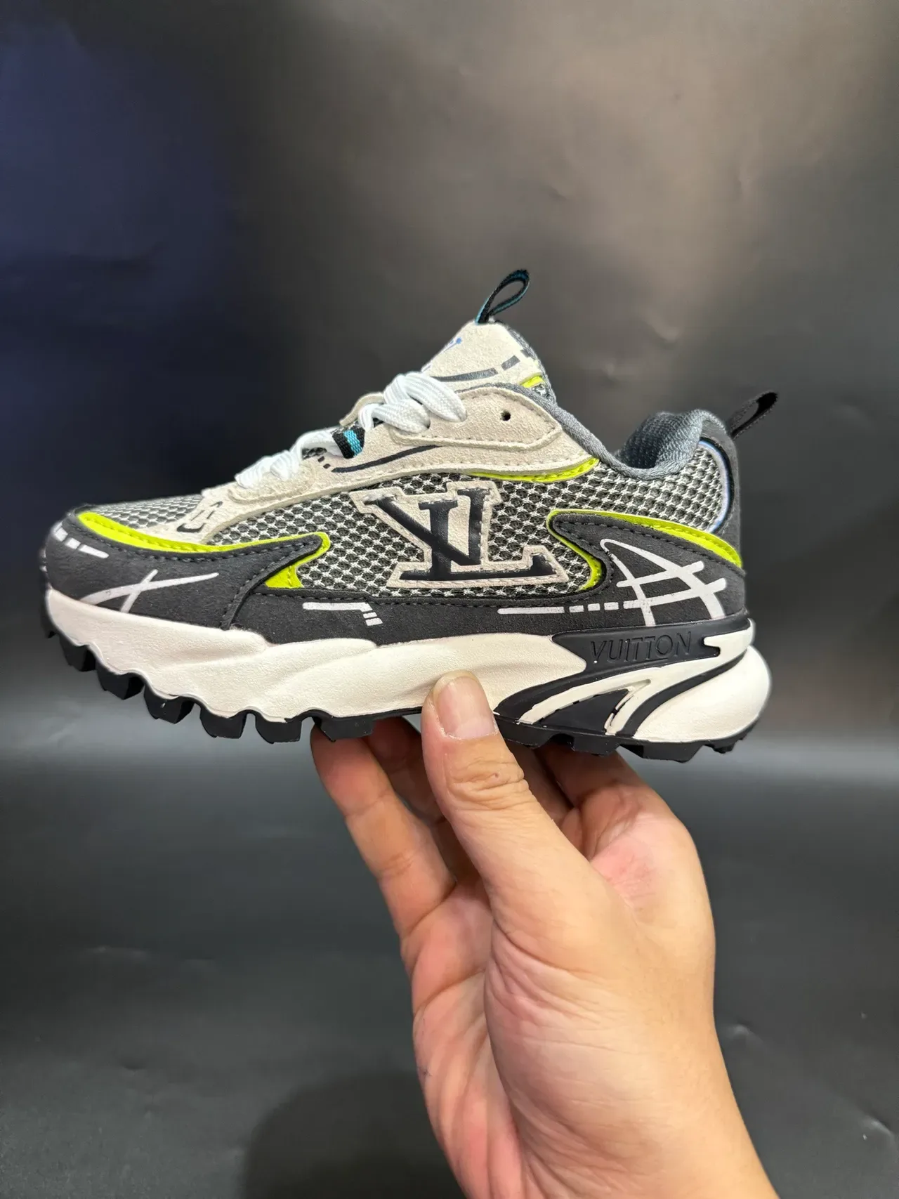 Louis Vuitton LV Trainer Navy Gray Sole Layered Mesh And Synthetic Upper Chunky Sneakers 16