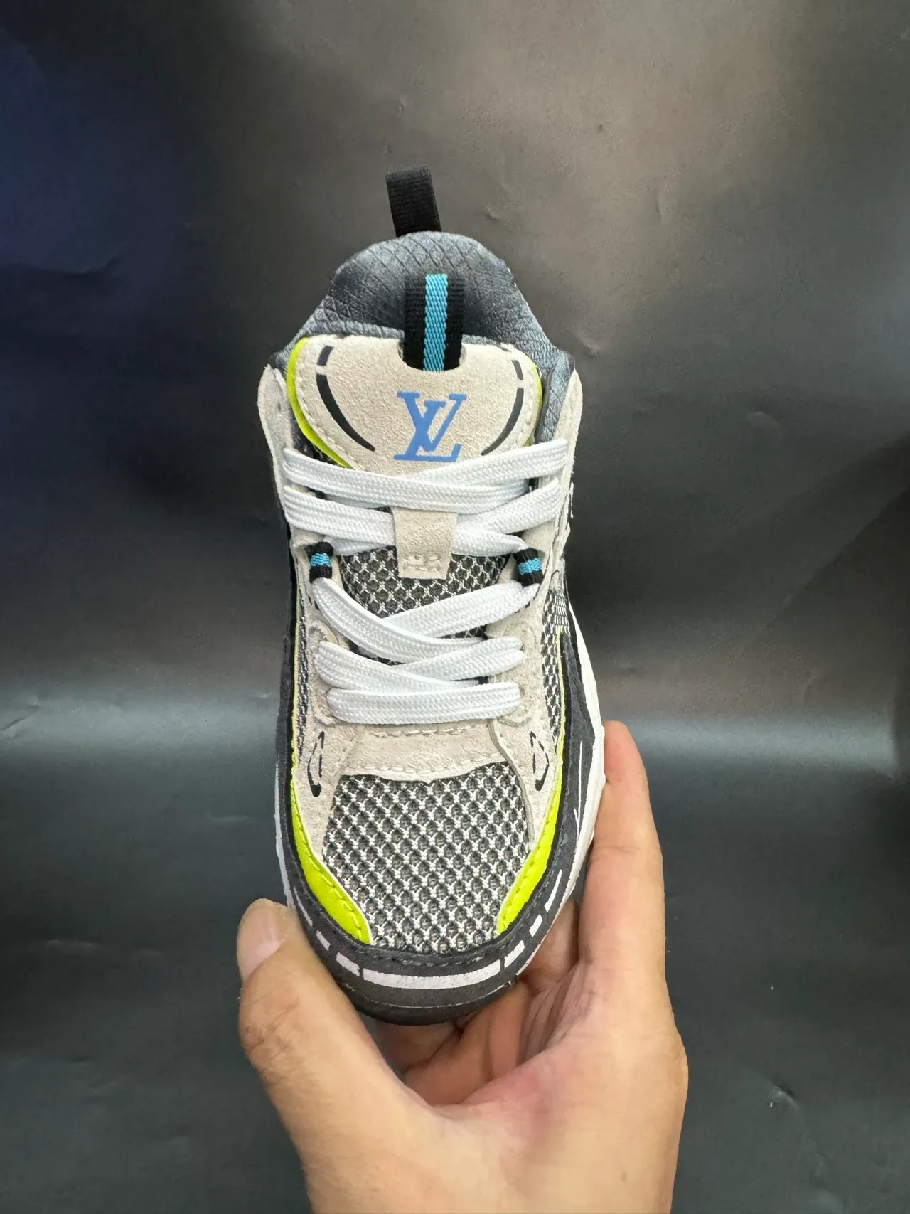 Louis Vuitton LV Trainer Navy Gray Sole Layered Mesh And Synthetic Upper Chunky Sneakers 19