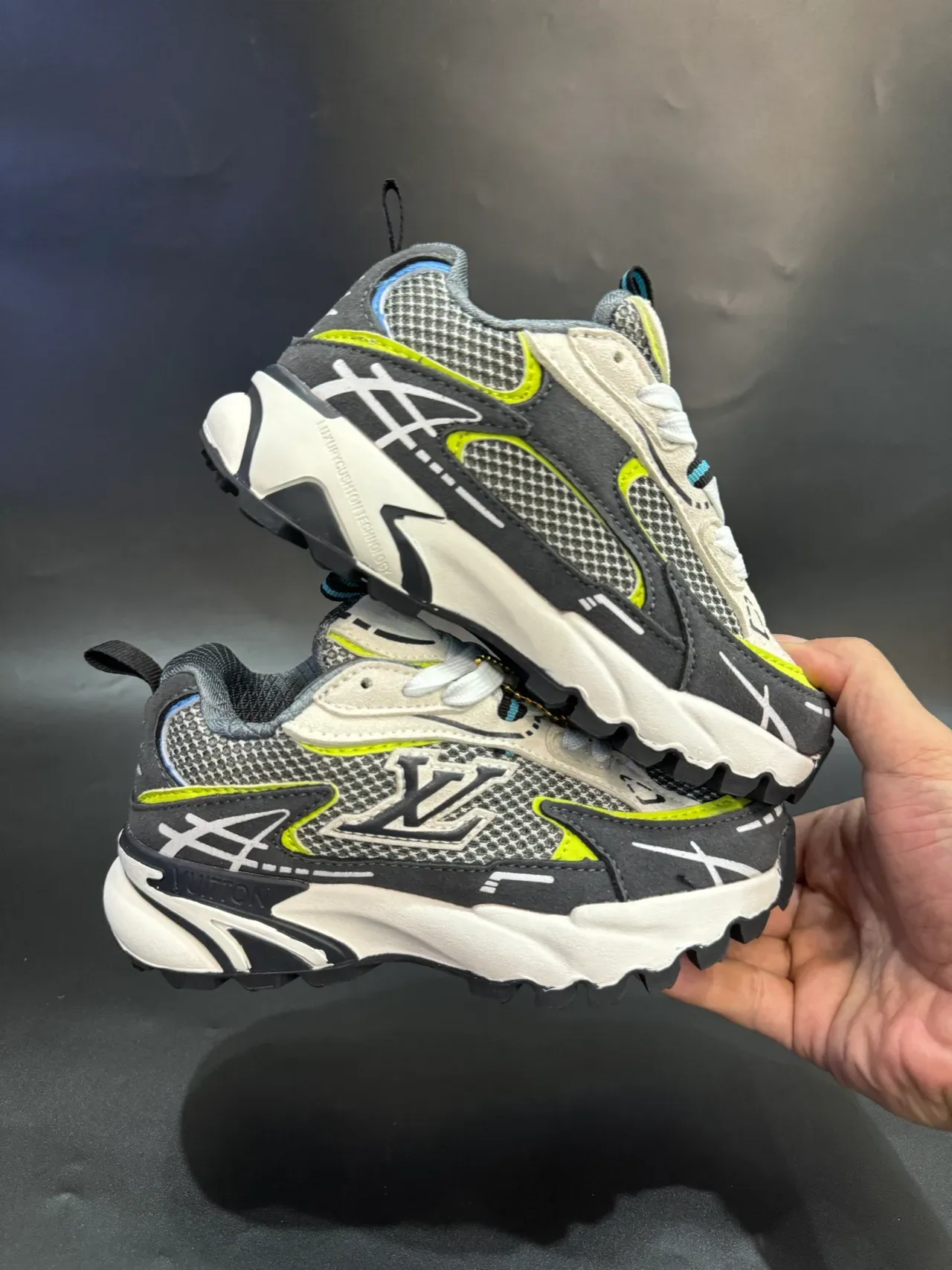 Louis Vuitton LV Trainer Navy Gray Sole Layered Mesh And Synthetic Upper Chunky Sneakers 22