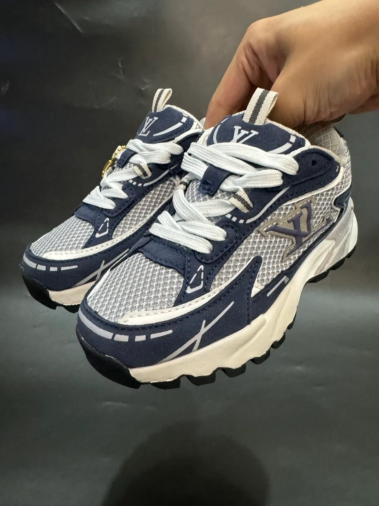 Louis Vuitton LV Trainer Navy Gray Sole Layered Mesh And Synthetic Upper Chunky Sneakers 23