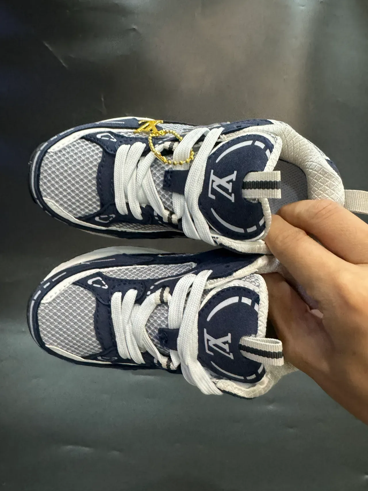 Louis Vuitton LV Trainer Navy Gray Sole Layered Mesh And Synthetic Upper Chunky Sneakers 24