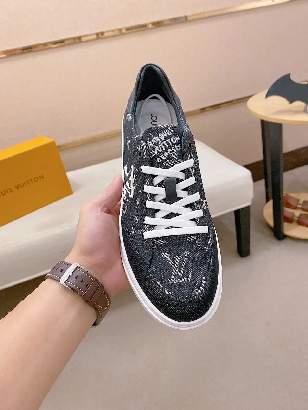 Louis Vuitton LV Trainer Navy White Monogram-Printed Denim Upper Oversized Embroidered Logo Lifestyle Sneakers 5